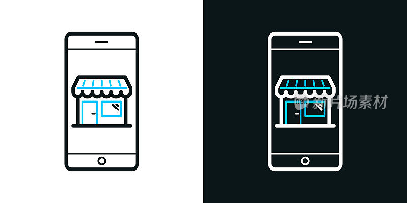 用智能手机网购。黑色或白色背景上的双色线条图标-可编辑笔触