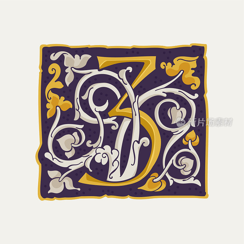 3的标志。3号滴帽，中世纪首字母，金色纹理和白色藤蔓。文艺复兴书法会徽。