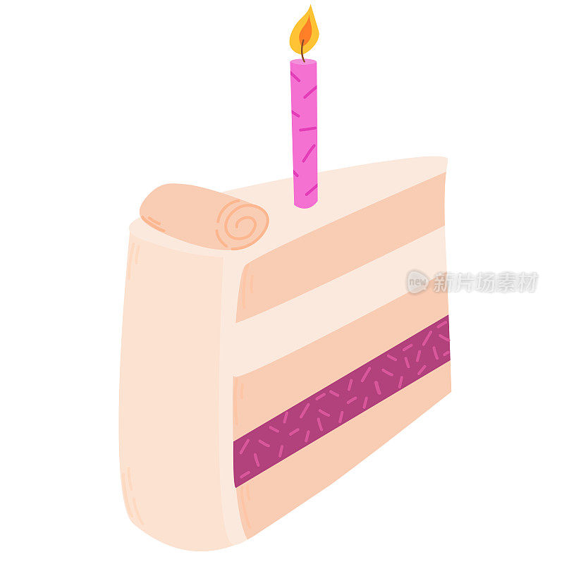 矢量蛋糕片。美味的蛋糕片，奶油和蜡烛。美味的蛋糕在手绘风格