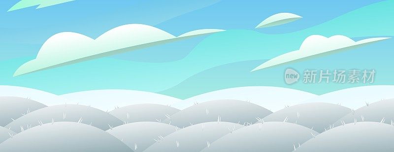 白雪皑皑的冬日景色。有雪堆的丘陵平原。景观白色的冬天。自然景观浮雕。卡通趣味风格。平面设计。向量