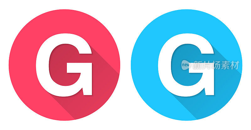 字母g圆形图标与长阴影在红色或蓝色的背景