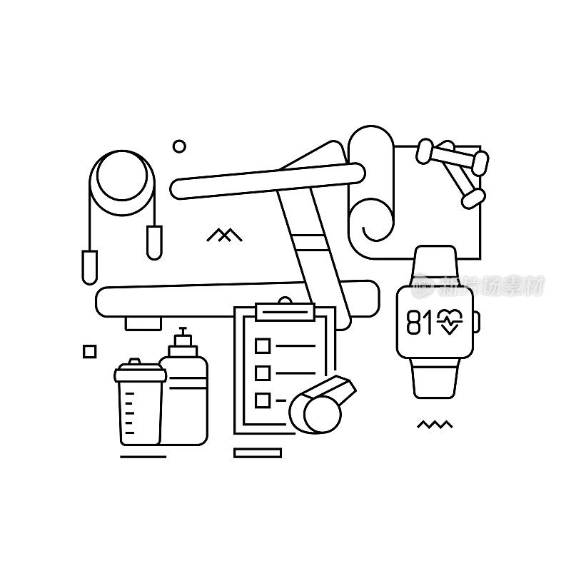矢量集插图健身和锻炼的概念。线条艺术风格的背景设计，网页，横幅，海报，印刷品等。矢量插图。