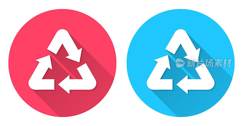 “回收利用”。圆形图标与长阴影在红色或蓝色的背景