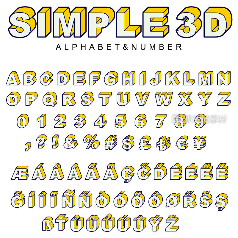 三维概述矢量插图的字母，数字和非西方字母。