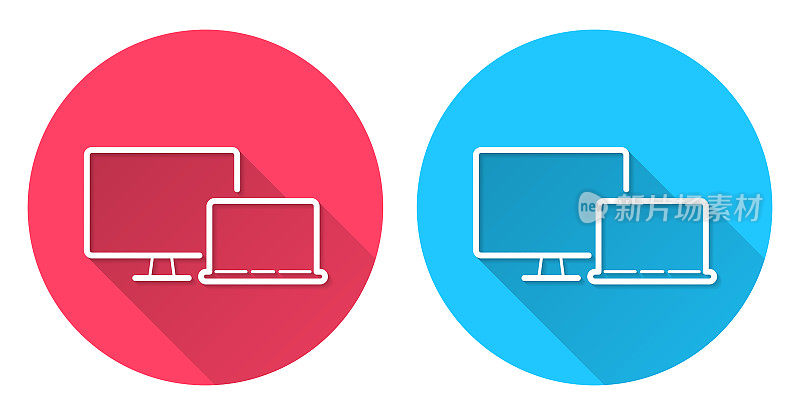 台式电脑和笔记本电脑。圆形图标与长阴影在红色或蓝色的背景