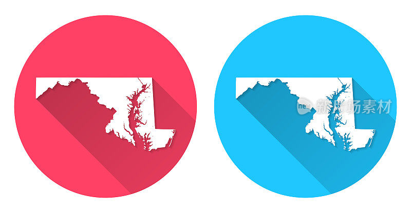 马里兰的地图。圆形图标与长阴影在红色或蓝色的背景