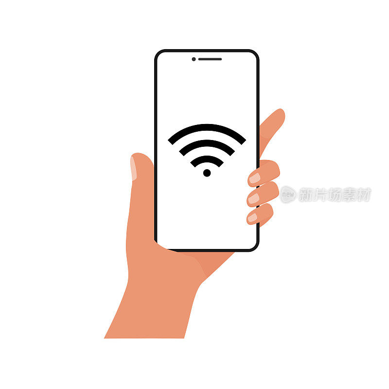 手持手机的人正在连接wifi。Wifi标牌和手机。现成的模板与伟大的颜色。