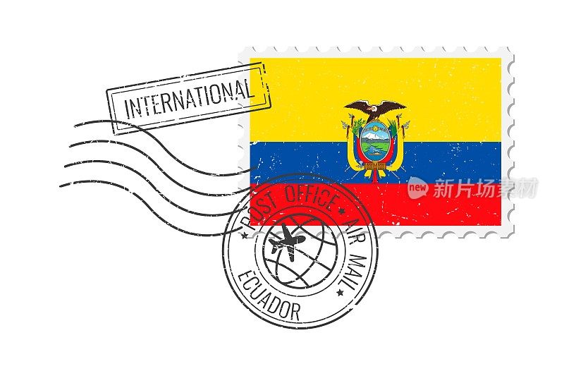 厄瓜多尔垃圾邮票。复古明信片矢量插图与厄瓜多尔国旗孤立的白色背景。复古的风格。