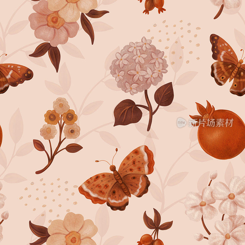 复古水彩图案与花和蝴蝶