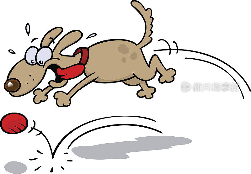 一只兴奋的狗追着一个红球的卡通