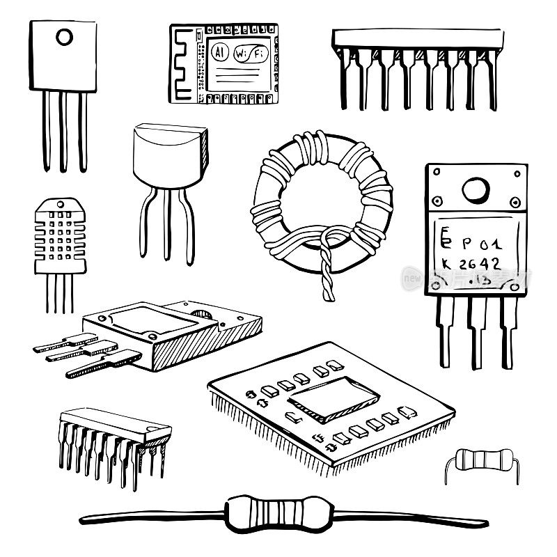 一组电子元件:晶体管，电感，微芯片，传感器，wi-fi模块，cpu，电阻，微处理器隔离在白色背景。矢量插图在一个草图风格。