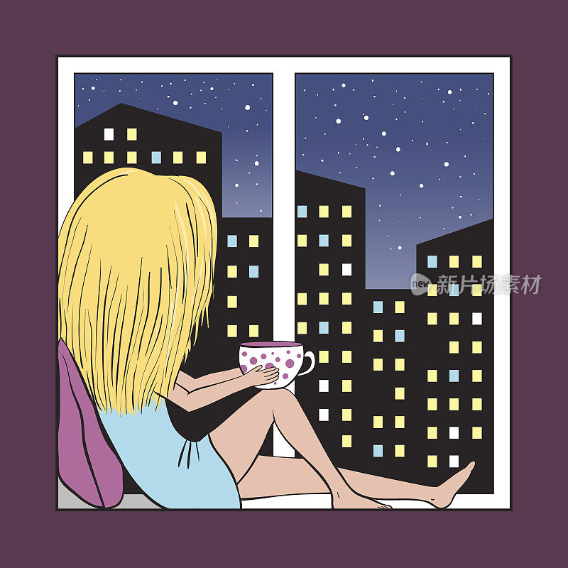 窗台上的女孩和夜晚的城市。