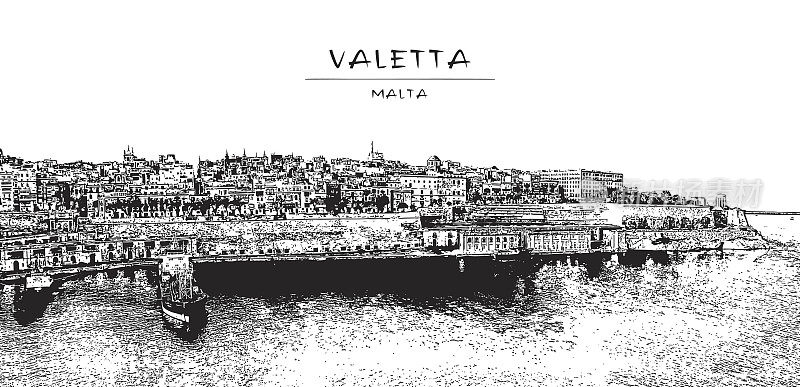 瓦莱塔,马耳他。老城区和城市港口插图。