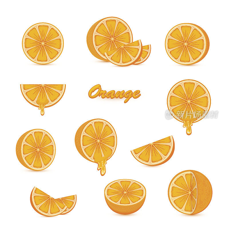 白色背景上的一组橙子