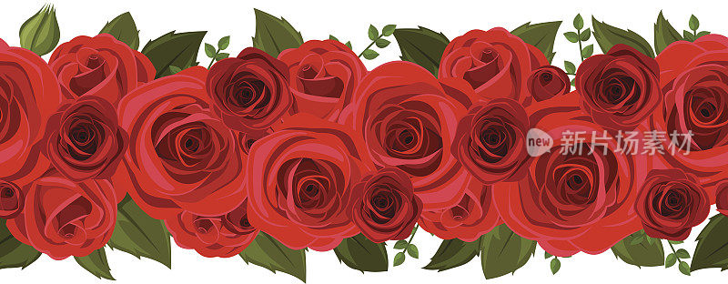 水平无缝背景红玫瑰。矢量插图。