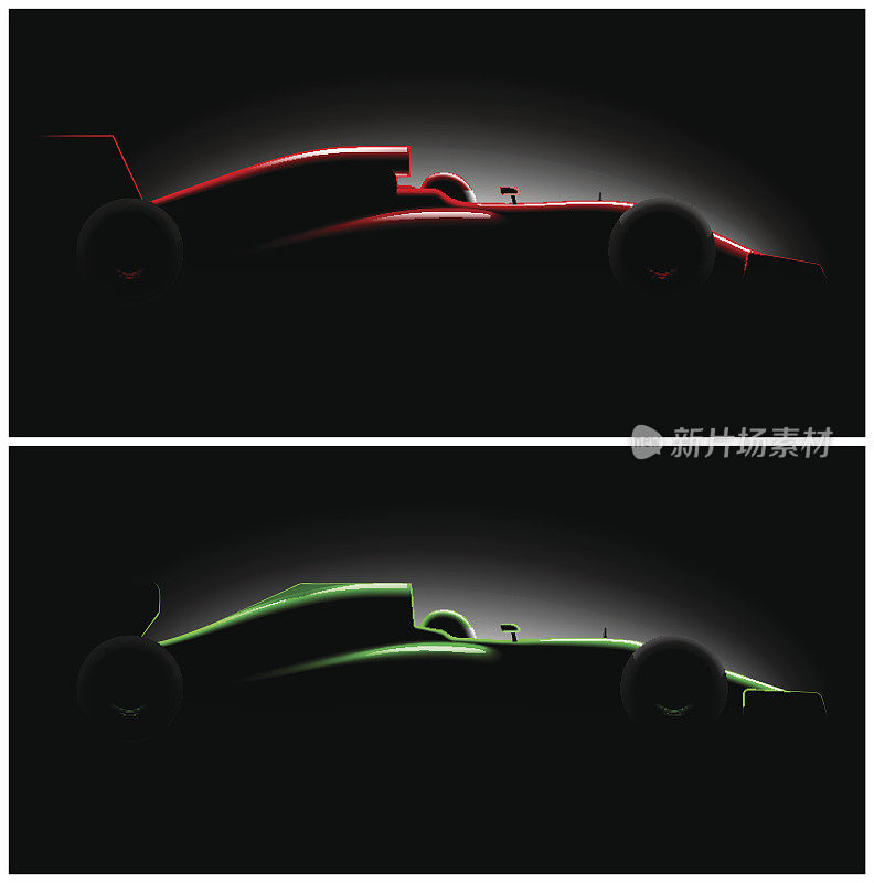 设置两个现实风格的赛车侧视图在黑暗中