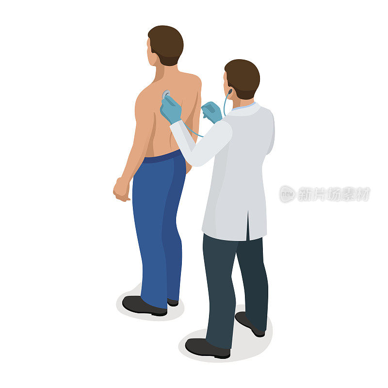 男医生在医院用听诊器检查病人。医学或医疗保健设计的等距矢量图。