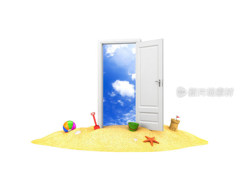 暑假的大门。门在沙滩上。三维演示
