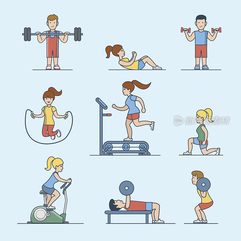 直线平坦运动锻炼健康生活概念设置为网站英雄形象。女人练举重，男人练运动矢量插图。