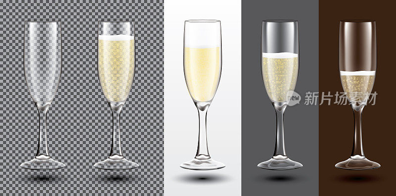 香槟酒杯设置在不同的背景。