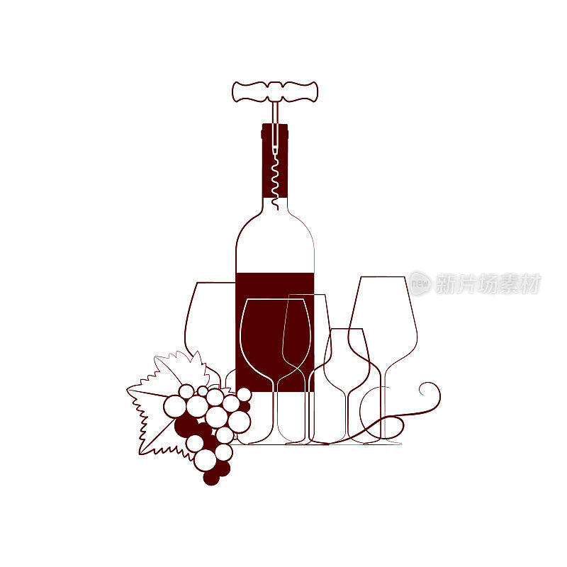 酒杯，一个瓶子，一串葡萄和一片叶子。矢量插图的餐厅菜单，品酒，酒卡，商店。行风格。