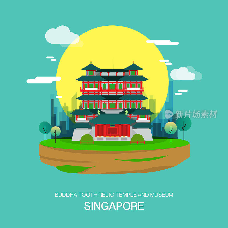 新加坡佛牙寺和博物馆地标。矢量