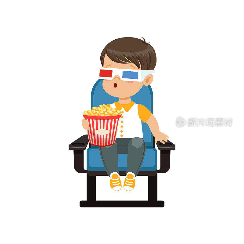 可爱惊讶的小男孩戴着3d眼镜，坐在蓝色的椅子上，吃着爆米花，在电影院看3d电影矢量插图