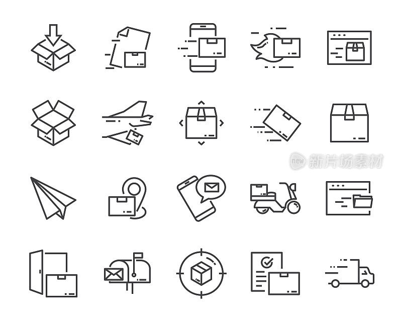 一套发送产品图标，如交付，邮件，服务，航运，运输，盒子和更多