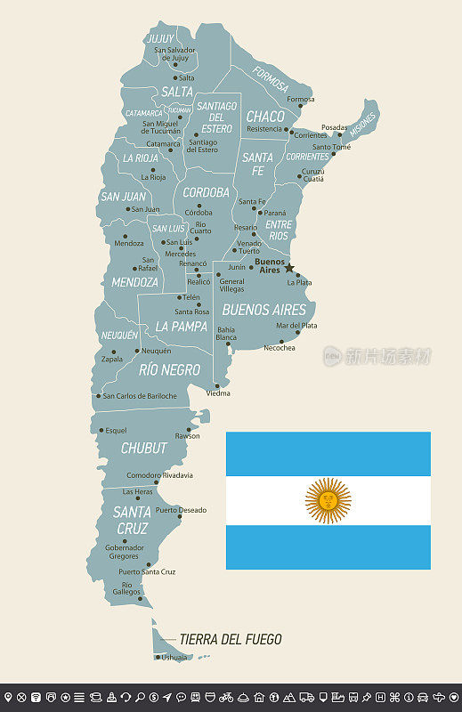 阿根廷复古地图。矢量插图与国旗和导航图标