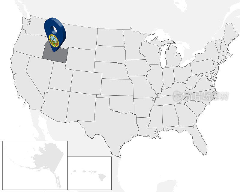 美国地图上的爱达荷州位置地图。美国。3d地理定位标志，如爱达荷州旗。高质量的爱达荷地图。矢量插图EPS10。