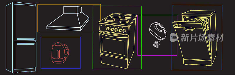 水平黑色背景与家用电器的彩色轮廓