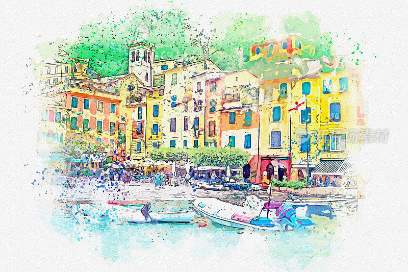 意大利著名小镇波托菲诺风景水彩画明信片。
