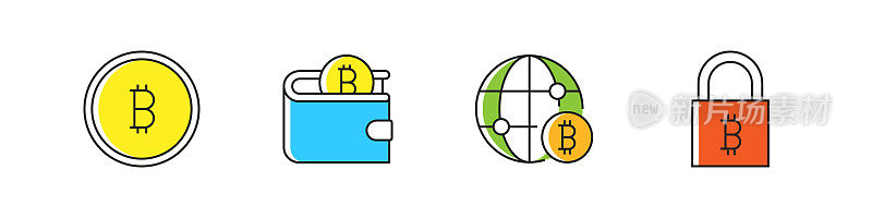比特币相关的矢量直线图标。大纲符号集合。