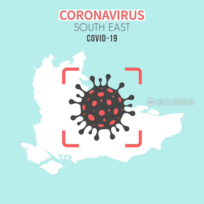 东南地图，红色取景器中有冠状病毒细胞(COVID-19)