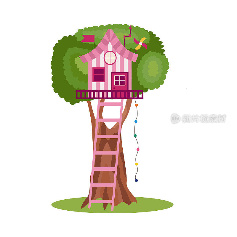 树屋儿童秋千和梯子，平面矢量插图孤立。