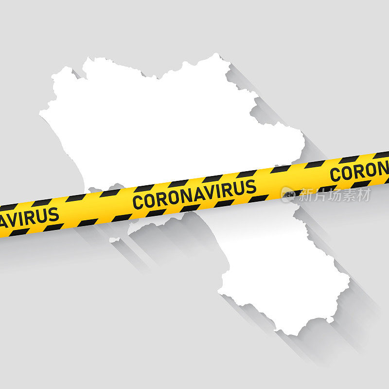 带有冠状病毒警告胶带的坎帕尼亚地图。Covid-19爆发
