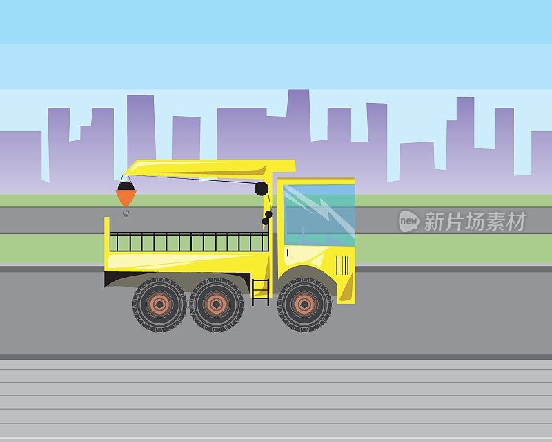机械手用起重机或卡车沿道路行驶到城市，平面矢量股票插图用重型机器作为装载概念