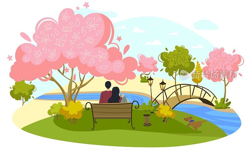 人物男女坐在安静的地方，可爱的一对在约会，孤立在白色，平面矢量插图。设计浪漫的情侣公园。