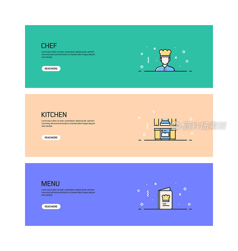 餐厅，食品和饮料相关的现代线条风格网页横幅矢量插图