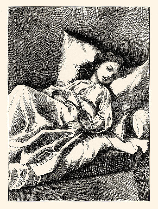复古，年轻女孩卧病在床，美国维多利亚版画，1882年