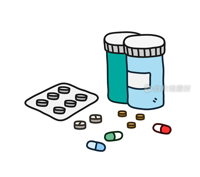 处方药品和药品，手绘各种医用药片和医用药丸矢量涂鸦插图，孤立在白色背景上。