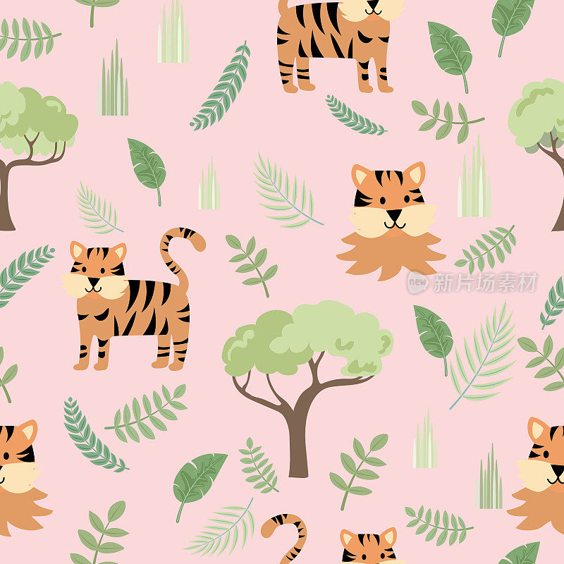 可爱的丛林动物-老虎无缝图案