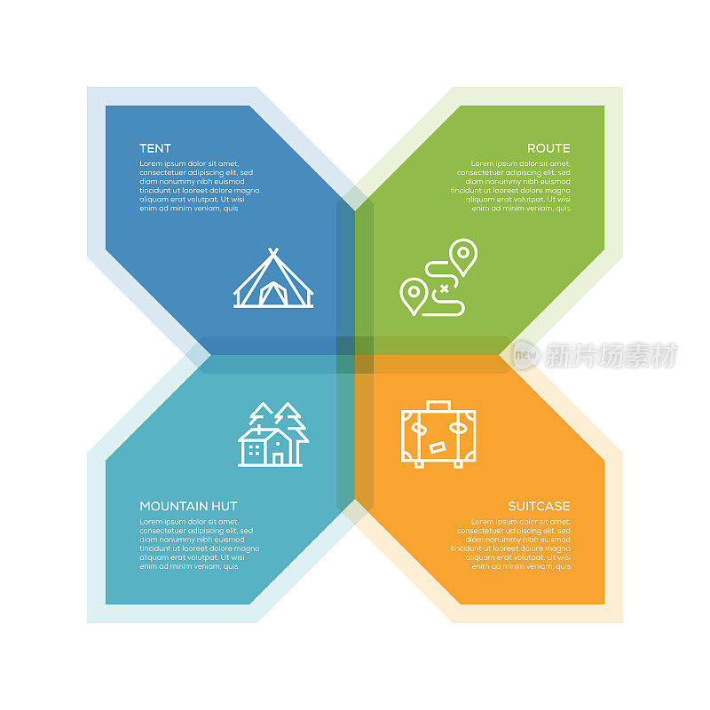 信息图表设计模板。帐篷，路线，手提箱，山小屋图标与4个选项或步骤。