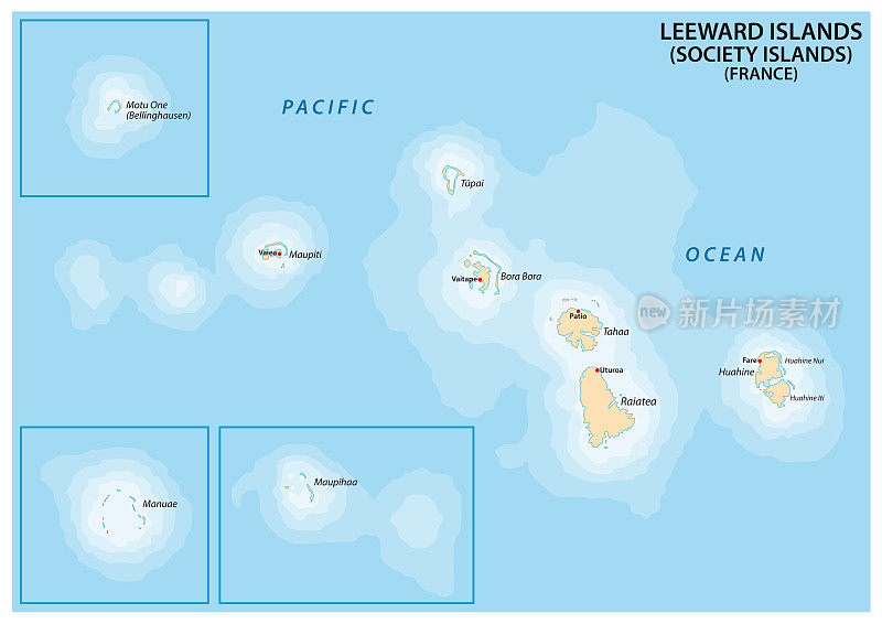 法国波利尼西亚群岛地图背风群岛(社会群岛)，法国