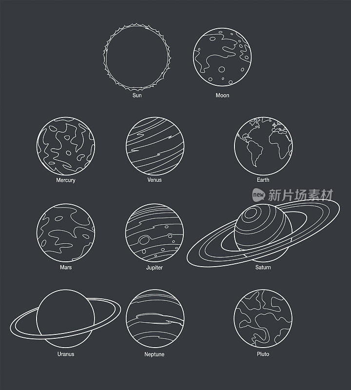 黑板背景，太阳，月亮和九大行星