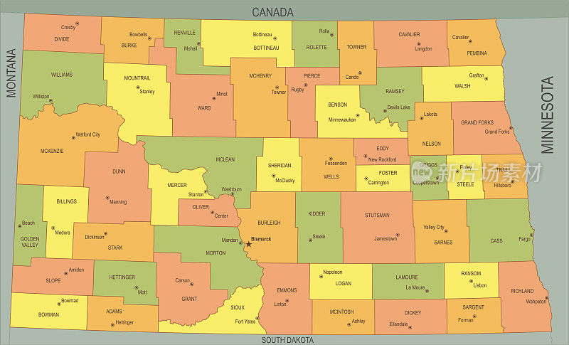 北达科他州的平面地图