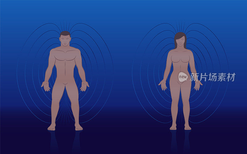人类磁场的男性和女性身体与线和气场类似的能量模式围绕一对夫妇-在补充医学治疗。矢量插图上的蓝色背景。
