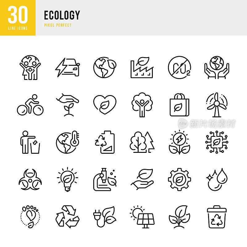 生态-细线矢量图标设置。像素完美。这套图标包括:气候变化，替代能源，电动汽车，零浪费，二氧化碳，太阳能，风能。