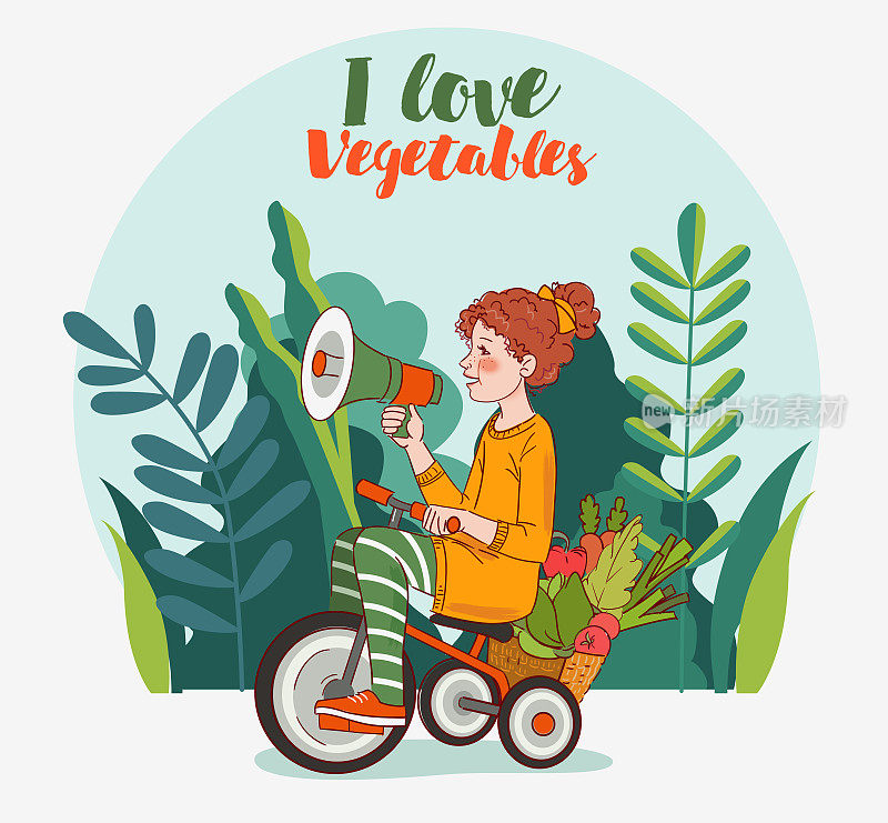 可爱的孩子带着新鲜的蔬菜在花园里骑自行车。有趣的女孩对着扩音器大喊。夏天的时间