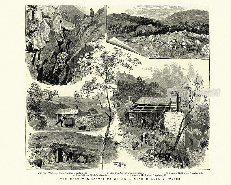 维多利亚时代19世纪威尔士多格劳附近的金矿和采矿